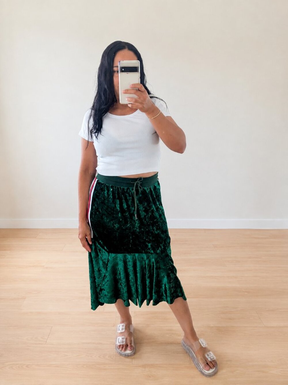 36POINTS5 Green Crushed Velvet Mini Skirt Side Stripe Size L.